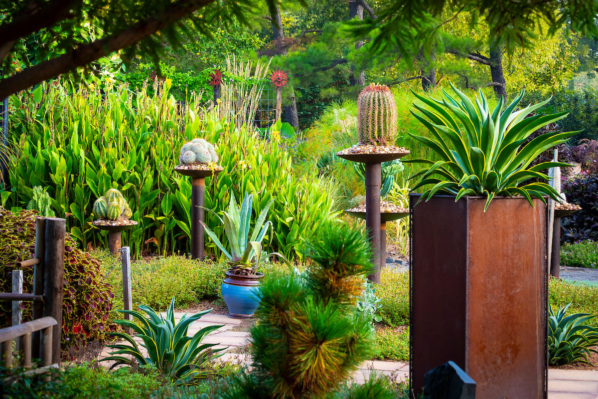 Various flowers displayed in a flower bed and in raised flower stands.