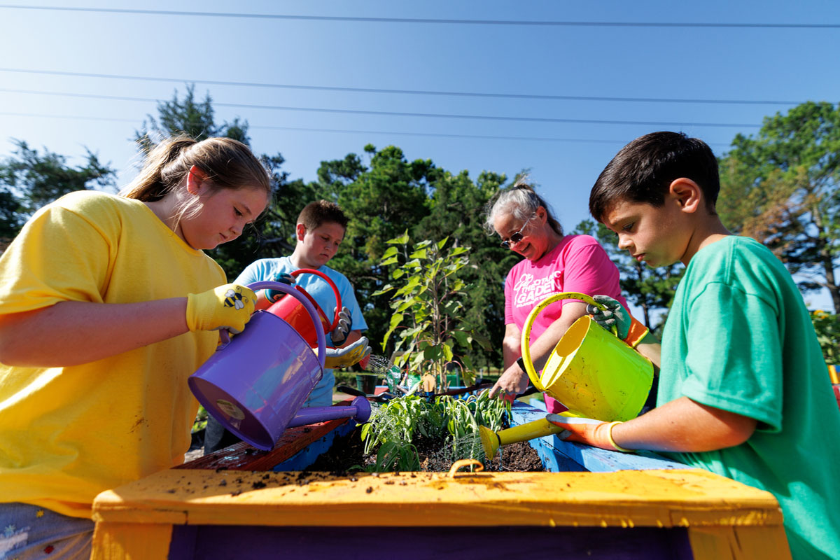 Children using watering cans to water a raised flower bed.